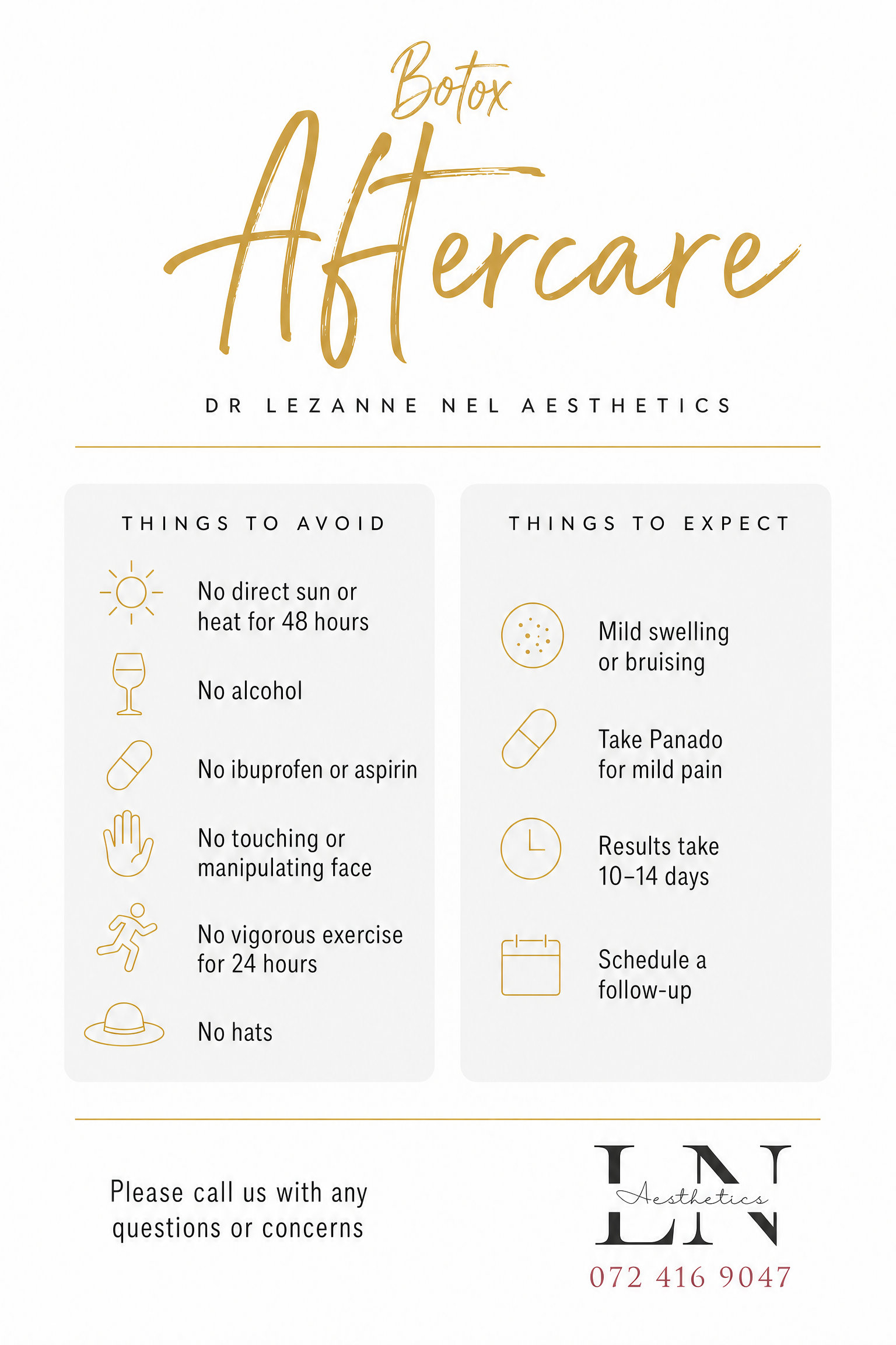 Dr Lezanne Nel Aesthetics Botox Aftercare Card